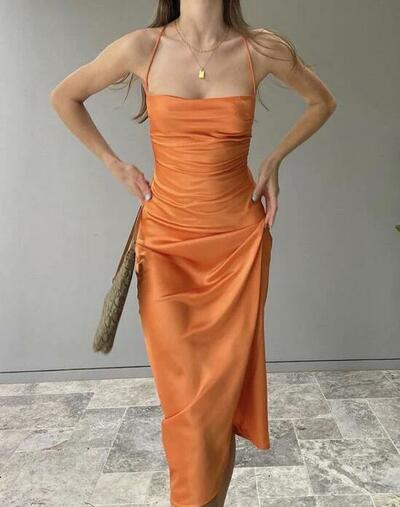 Spaghetti Strap A Line Long Backless Prom Evening Dress