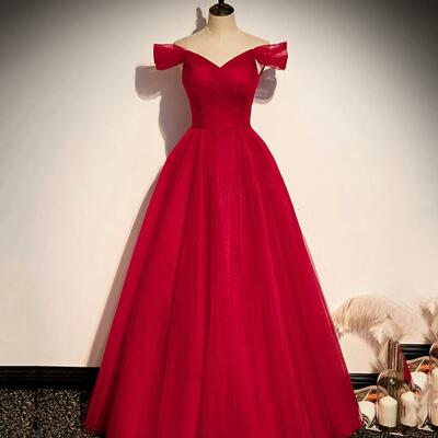 A line off shoulder red tulle prom dress - Thumbnail 4