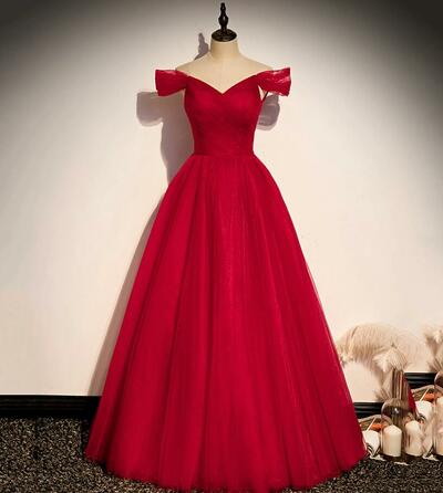 A Line Off Shoulder Red Tulle Prom Dress