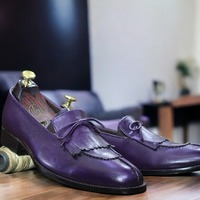 Handmade Purple Cow Hide Genuine Leather Shoes, Men's Fringe Loafer Shoes - Thumbnail 1