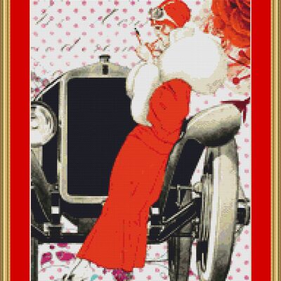 Woman in red cross stitch pattern