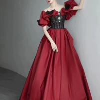 Burgundy Satin and Black Lace Floor Length Prom Dress, Off the Shoulder Evening Party Dress KPP1738 - Thumbnail 1
