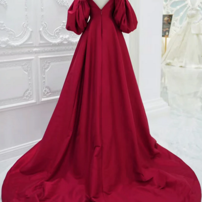 A line puff sleeves satin dark red long prom dress, dark red long evening dress kpp1740