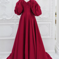 A Line Puff Sleeves Satin Dark Red Long Prom Dress, Dark Red Long Evening Dress KPP1740 - Thumbnail 1
