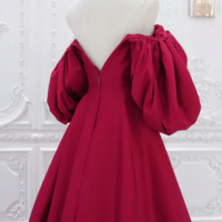 A Line Puff Sleeves Satin Dark Red Long Prom Dress, Dark Red Long Evening Dress KPP1740 - Thumbnail 2
