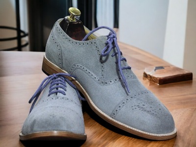 Handmade Men's Gray Suede Laceup Brogue toe Dress Shoes