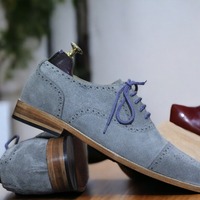 Handmade Men's Gray Suede Laceup Brogue toe Dress Shoes - Thumbnail 1