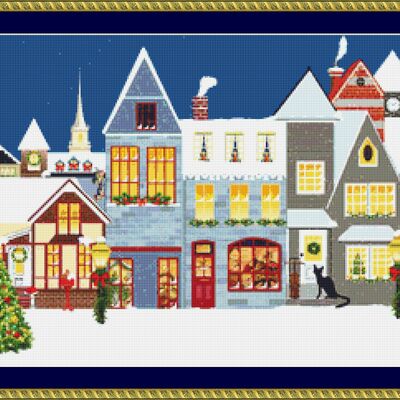 Cat at the christmas village cross stitch pattern