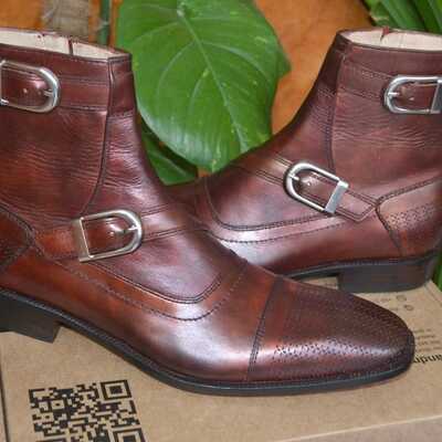 Crafted leather classic brown double buckle strap leather jodhpur dress boot
