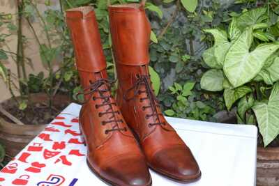 Crafted Leather Handmade Brown Double Buckle Ankle High Lace up Long Military Boot