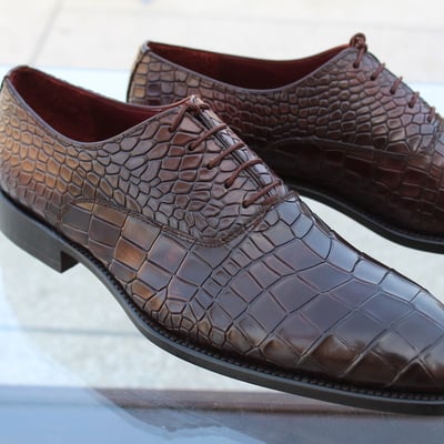Crafted leather custom made mens dark brown crocodile texture leather alligator dress fashion shoes - Thumbnail 5