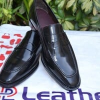 Crafted Leather Black Calf Leather Moccasin Loafer Formal Dress Shoes - Thumbnail 1