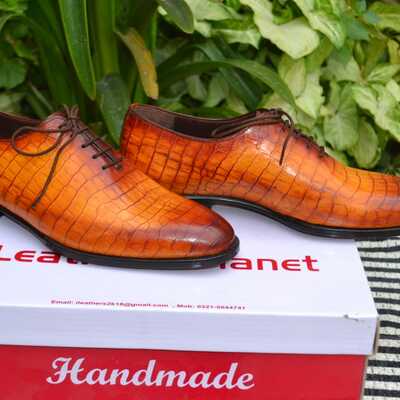 Crafted leather handmade yellow classic crocodile/alligator lace up dress shoes  - Thumbnail 5