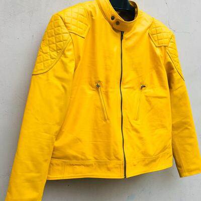 Crafted leather men's yellow motorcycle genuine lambskin leather jacket slim fit biker jacket  - Thumbnail 5
