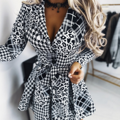 Black leopard print plaid printed long sleeved dress