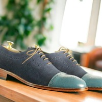 Handmade Men's Two tone Laceup CapToe Leather & Suede Shoes - Thumbnail 1