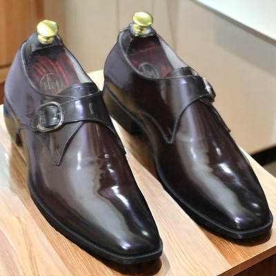 Handmade men's brown leather oxford buckle shoes