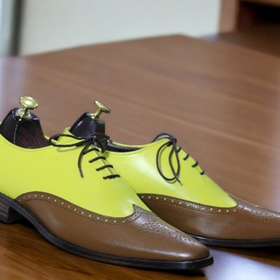 Handmade men's two tone leather wing tip lace up dress shoes