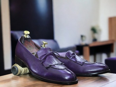 Handmade Men's Purple Leather Tassle Fringe Loafer Shoes