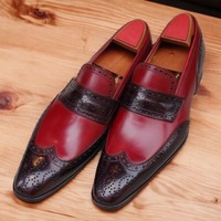 Handmade Men's Two tone Leather Wing tip Penny Loafer Shoes - Thumbnail 1