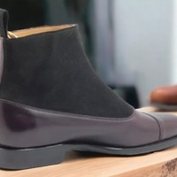Handmade Men's Leather & Suede Two tone Cap toe Boot - Thumbnail 1