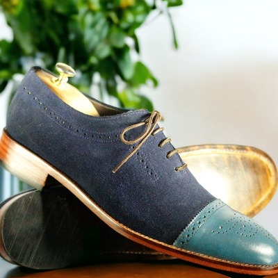 Handmade men's two tone laceup captoe leather & suede shoes