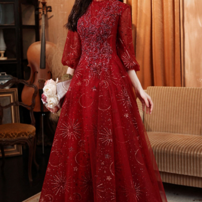 Wine red tulle puffy sleeves long party dress, wine red long prom dress kpp1741