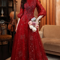 Wine Red Tulle Puffy Sleeves Long Party Dress, Wine Red Long Prom Dress KPP1741 - Thumbnail 1