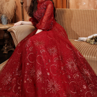 Wine Red Tulle Puffy Sleeves Long Party Dress, Wine Red Long Prom Dress KPP1741 - Thumbnail 3