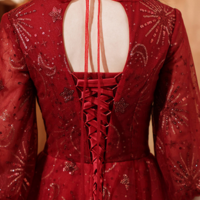 Wine Red Tulle Puffy Sleeves Long Party Dress, Wine Red Long Prom Dress KPP1741 - Thumbnail 4