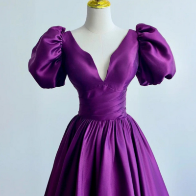 Purple satin a line short sleeves long formal dress, purple evening dress prom dress kpp1742
