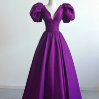 Purple Satin A Line Short Sleeves Long Formal Dress, Purple Evening Dress Prom Dress KPP1742 - Thumbnail 1