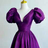 Purple Satin A Line Short Sleeves Long Formal Dress, Purple Evening Dress Prom Dress KPP1742 - Thumbnail 3