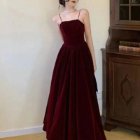 Dark Red Velvet Straps Long Evening Dress, Dark Red Velvet Prom Dress KPP1743 - Thumbnail 2