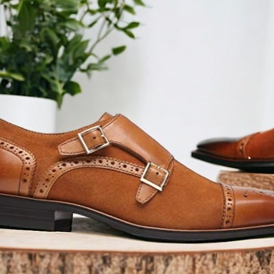Handmade two buckle leather & suede cap toe dress shoes