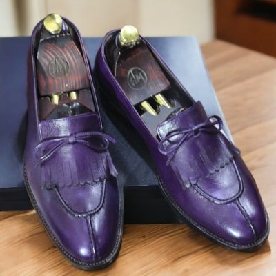 Handmade men's purple leather tassle fringe loafer shoes