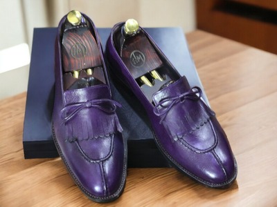 Handmade Men's Purple Leather Tassle Fringe Loafer Shoes