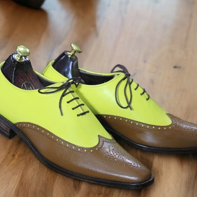 Handmade men's two tone leather wing tip lace up dress shoes