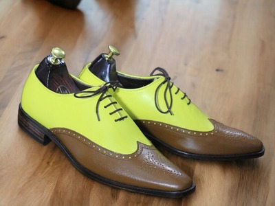 Handmade Men's Two tone Leather Wing tip Lace up Dress Shoes