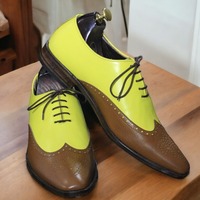 Handmade Men's Two tone Leather Wing tip Lace up Dress Shoes - Thumbnail 1