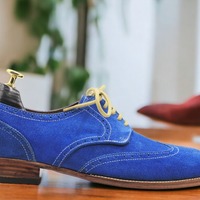 Men's HandPainted Blue Suede Shoes, Men's Lace Up Office Shoes - Thumbnail 1