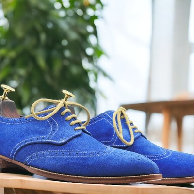 Men's handpainted blue suede shoes, men's lace up office shoes - Thumbnail 1