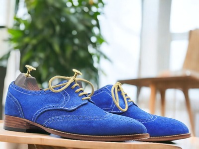 Men's HandPainted Blue Suede Shoes, Men's Lace Up Office Shoes