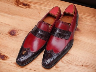 Handmade Men's Two tone Leather Wing tip Penny Loafer Shoes