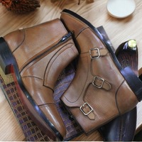 Handmade Men's Brown Leather Triple Buckle Zipper Boot - Thumbnail 1
