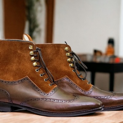 Handmade men's two tone leather & suede wing tip lace up ankle boot