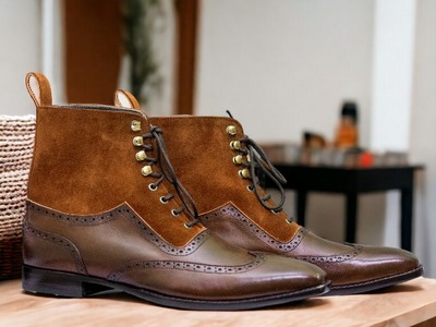 Handmade Men's Two tone Leather & Suede Wing Tip Lace up Ankle Boot
