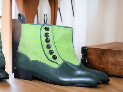 Handmade Men's Two tone Leather & Suede Button Ankle Boot