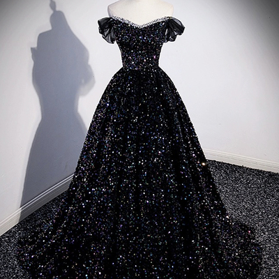 Black sequins off the shoulder formal evening dress - Thumbnail 1