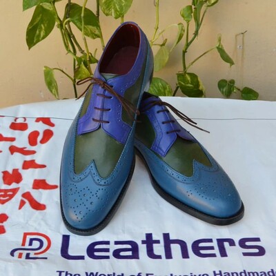 Crafted leather blue green leather wingtip oxford dress shoes - Thumbnail 5